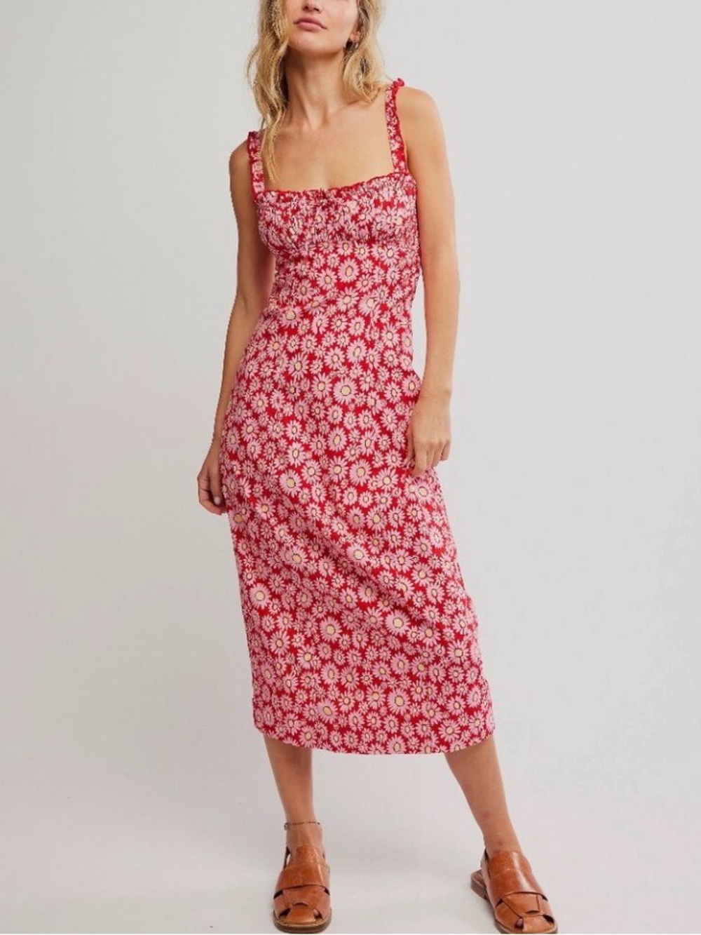 Free People Red Daisy Print Midi Dress size XS